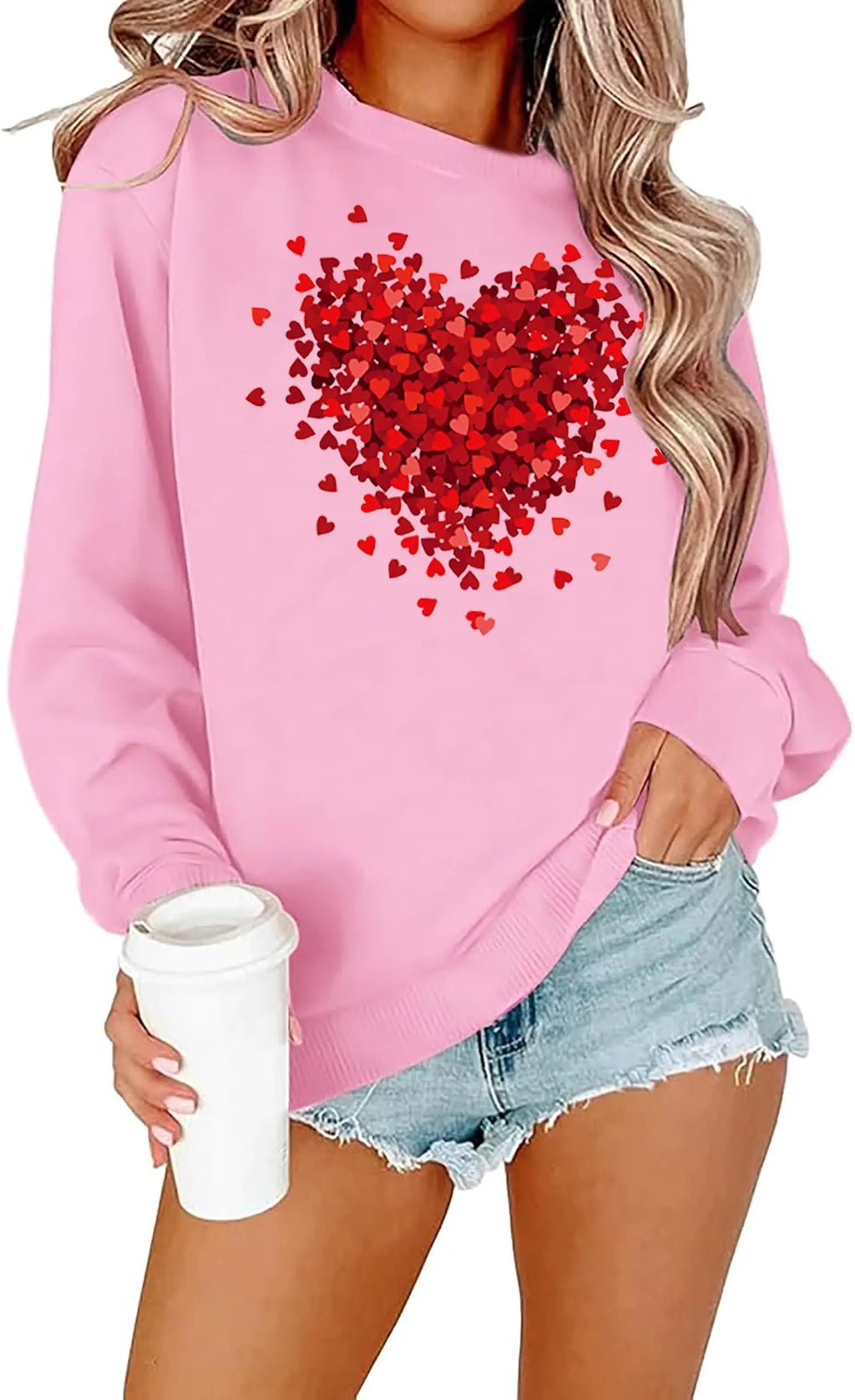 Valentines Day Sweatshirt Women Funny Love Heart Graphic Valentines Shirt Casual Valentines Long Sleeve Pullover Top (Pink XXL)