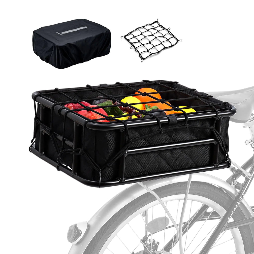 Rear Bike Basket with Rainproof Cover and Cargo Net and Liner Large Rear Bike Rack Basket for Bike Heavy Duty Metal Rear Bicycle Basket Perfect Mount for Electric Bike WOOFOPT