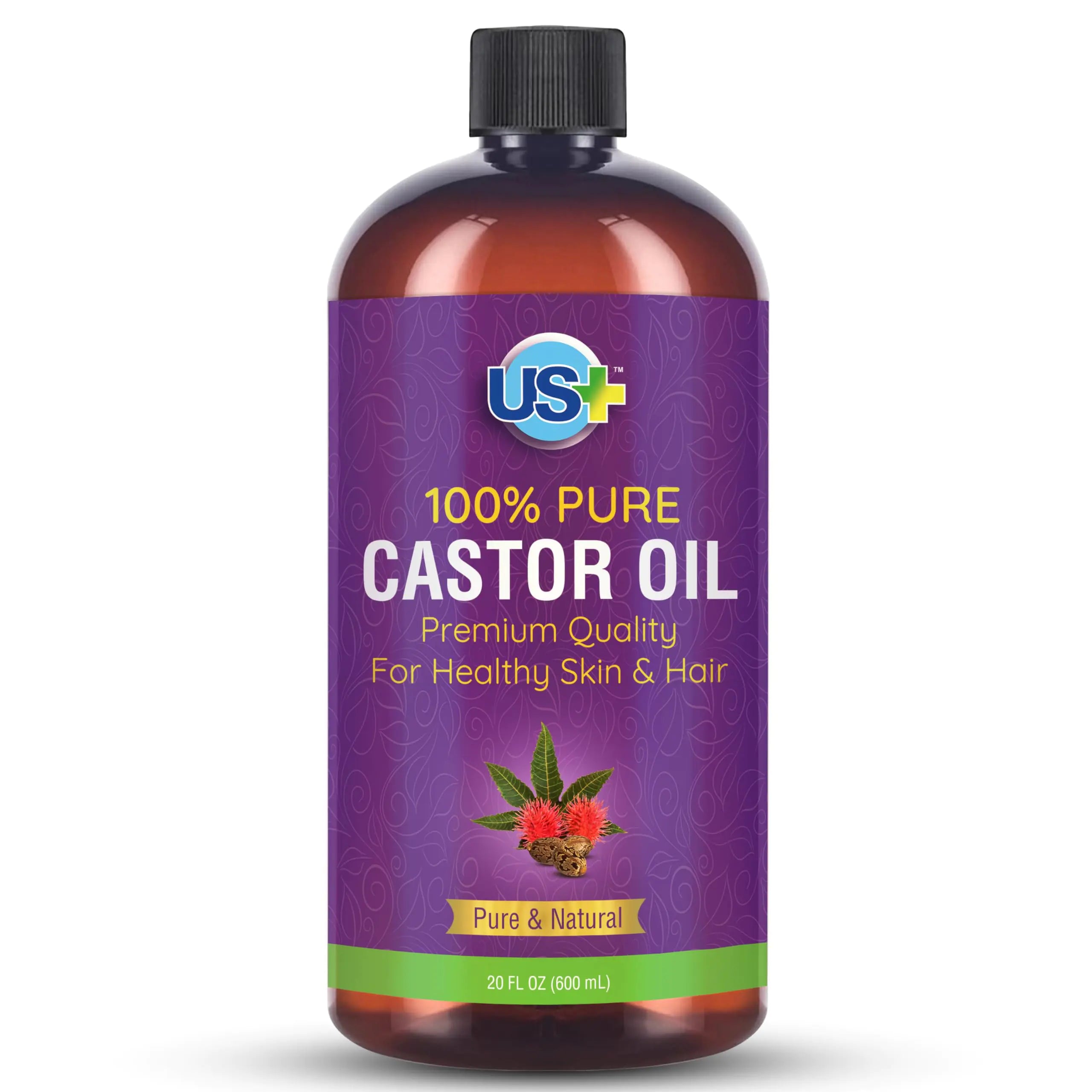 US+ 20oz 100% Pure Castor Oil - Cold-pressed Unrefined Hexane-free - BPA Free Plastic Bottle - USP Grade - Premium Quality for Healthy Skin & Hair