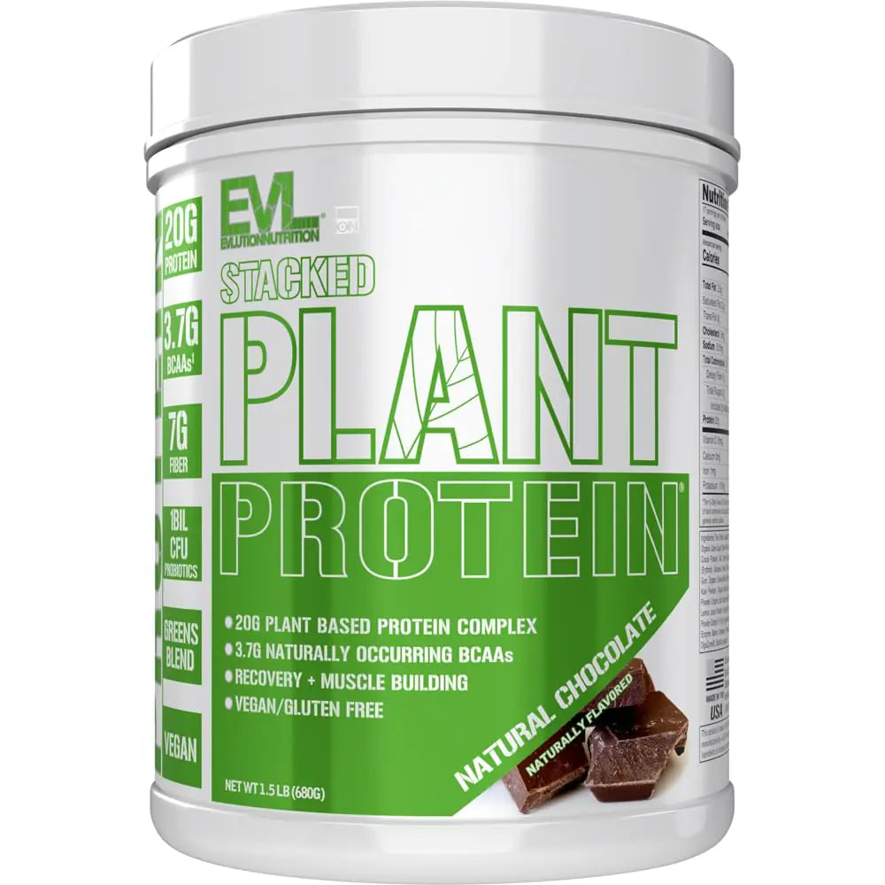 Evlution Nutrition Stacked Plant Protein Powder Vegan Non-GMO Gluten-Free Probiotics BCAAs Fiber Plant-Based Protein Complex 1.5 LB (Natural Chocolate)