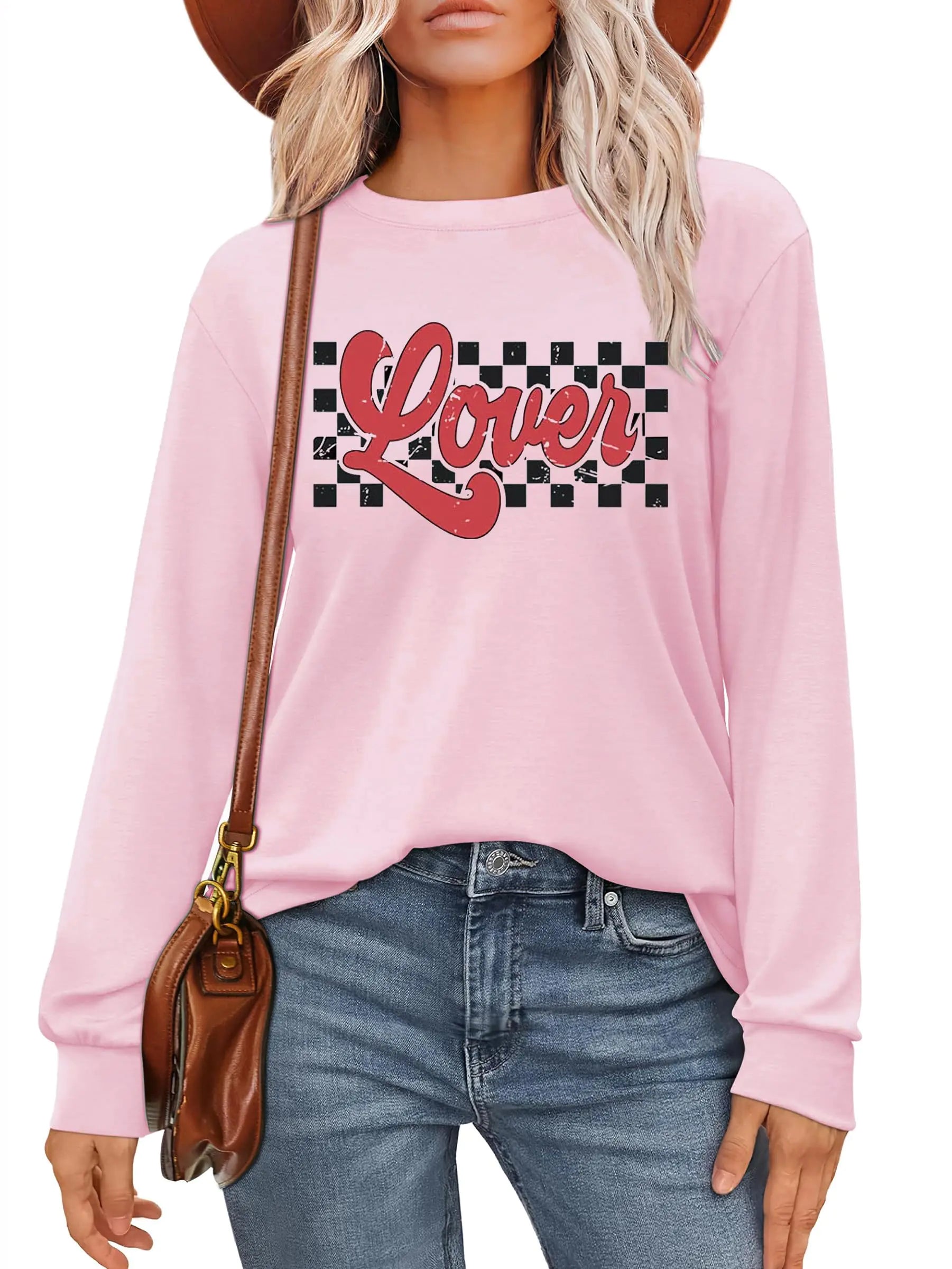 Valentines Day Women Shirt : Love Heart Graphic Long Sleeve Valentine Pullover Tops Casual Valentines Gifts Pink