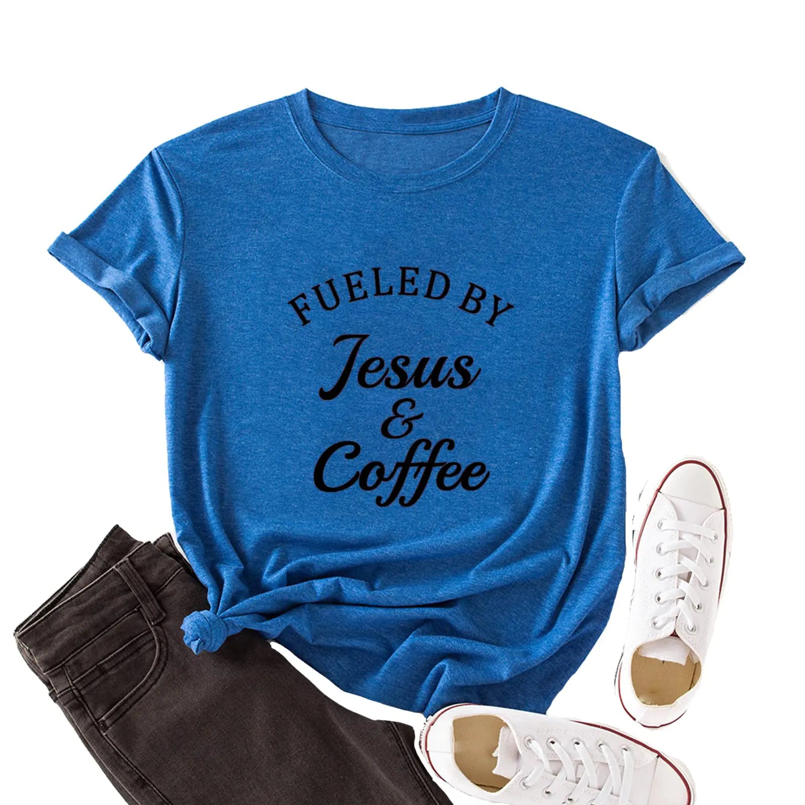 YourTops Women Fueled By Jesus And Coffee T-Shirt Christian Shirt (M Blue)