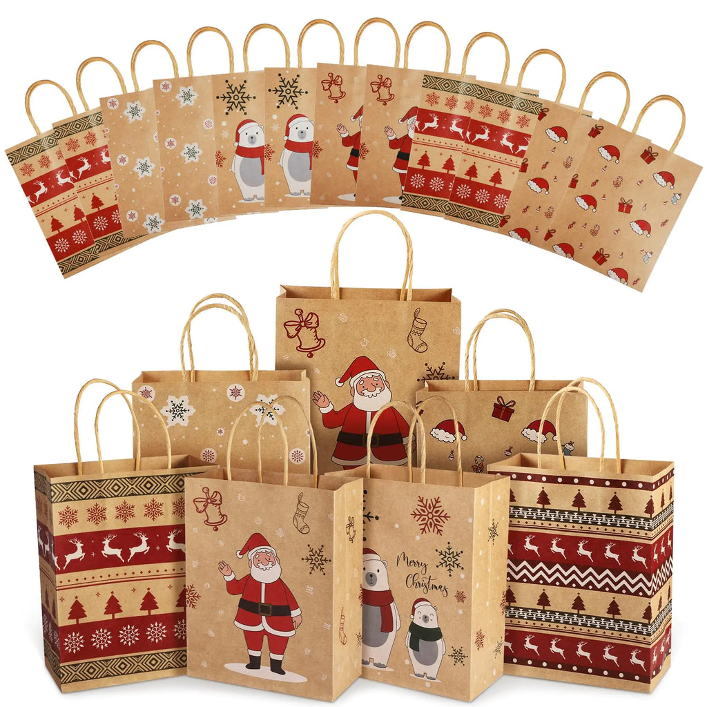 Christmas Gift Bags 24 PCS Reusable Christmas Treat Bags Paper Gift Bags with Handles & Christmas Prints Christmas Bags for Gifts Holiday Gift Bags Xmas Gift Bags Party Favors 7.08x3.5x8.85 Inch