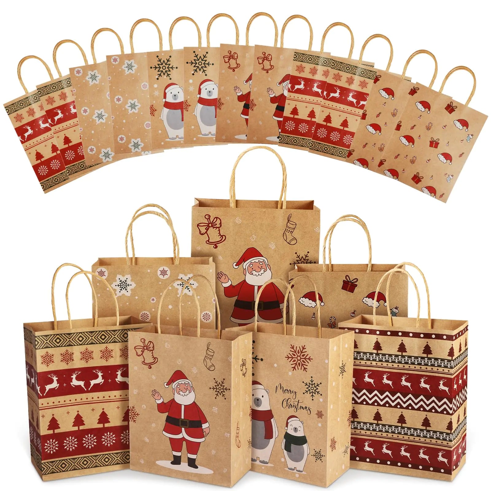 Christmas Gift Bags 24 PCS Reusable Christmas Treat Bags Paper Gift Bags with Handles & Christmas Prints Christmas Bags for Gifts Holiday Gift Bags Xmas Gift Bags Party Favors 7.08x3.5x8.85 Inch