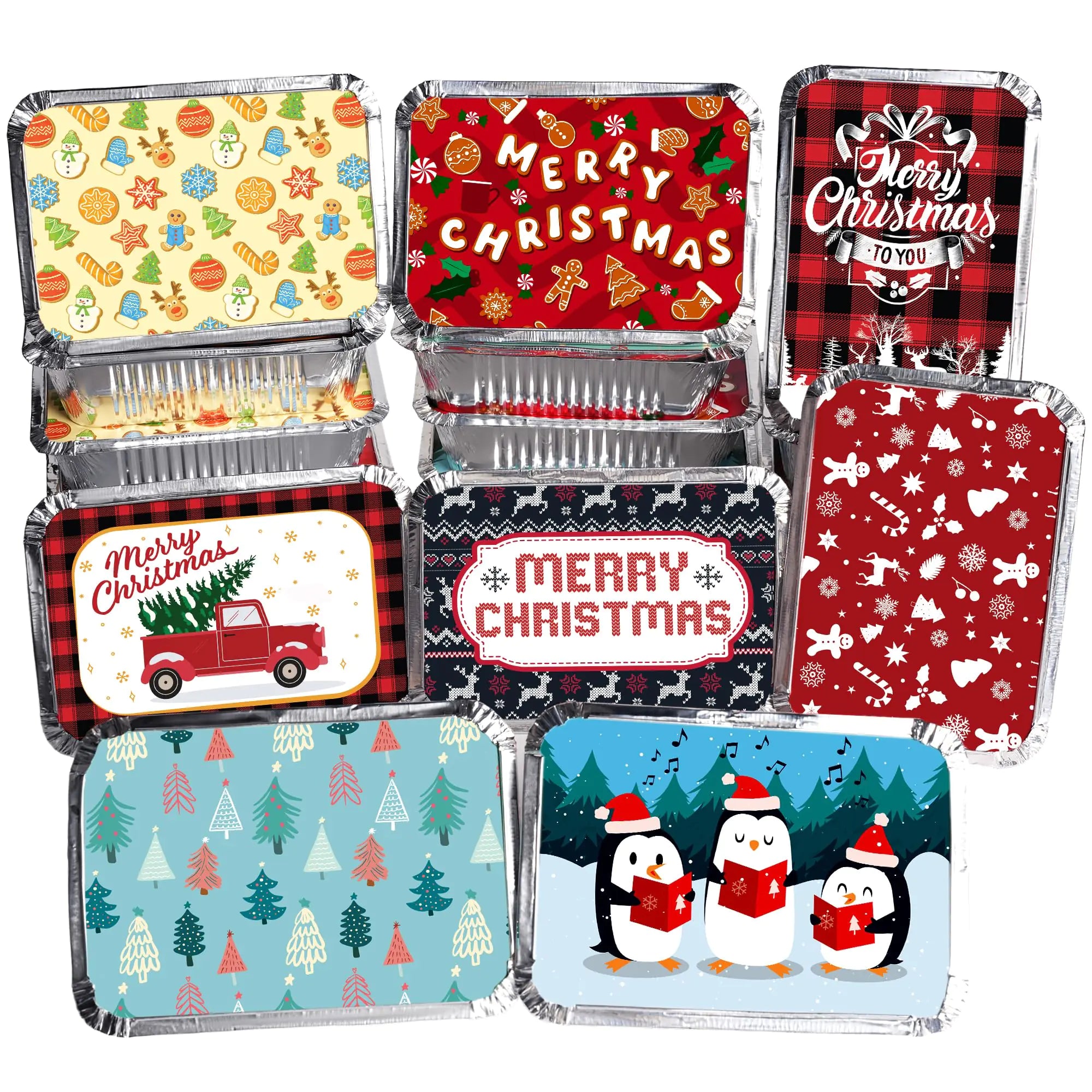 JOYIN 16 Pieces Christmas Foil Containers with Lids 8 Holiday Designs 7"x 5"x 2" Rectangular Treat Foil Containers Disposable Food Storage Pan for Holiday Leftovers Xmas Gift-giving