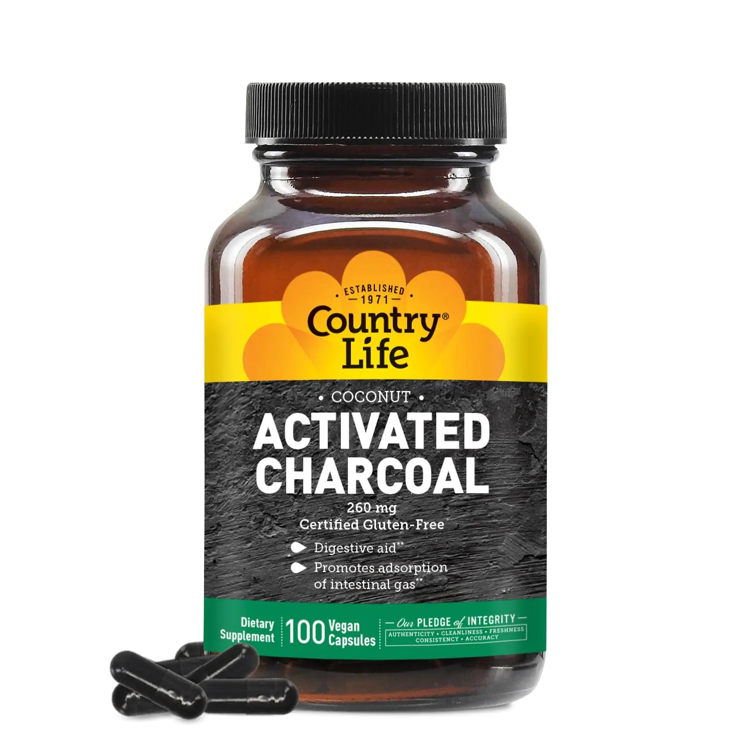 Country Life Activated Charcoal Capsules 260mg – Natural Charcoal Supplement for Gas and Bloating Relief - Organic Coconut Charcoal Gluten-Free Non-GMO 100 Vegan Capsules