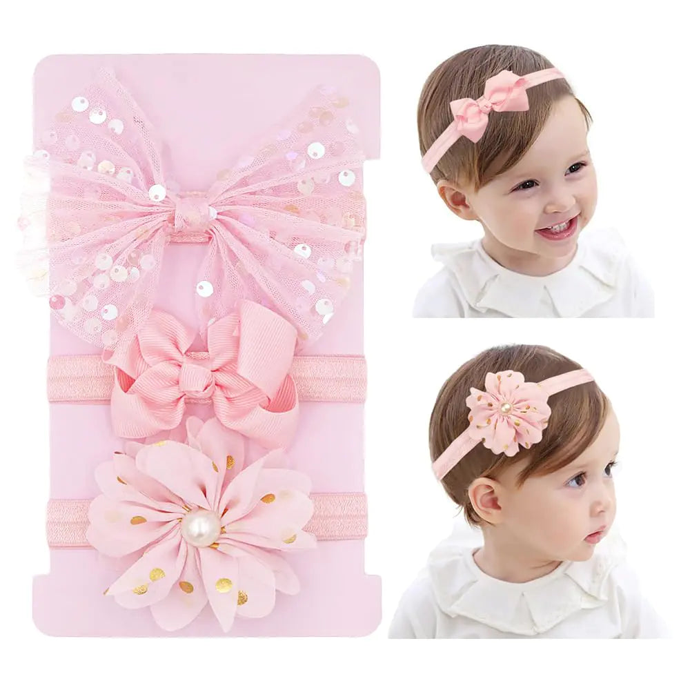 Yheahin 3pcs Baby Girl Bows Headband Chiffon Flower Hairband for Newborn Infant Toddler Soft Elastic Hair Bow Accessories for Baby Birthday Party (Pink Standard size)