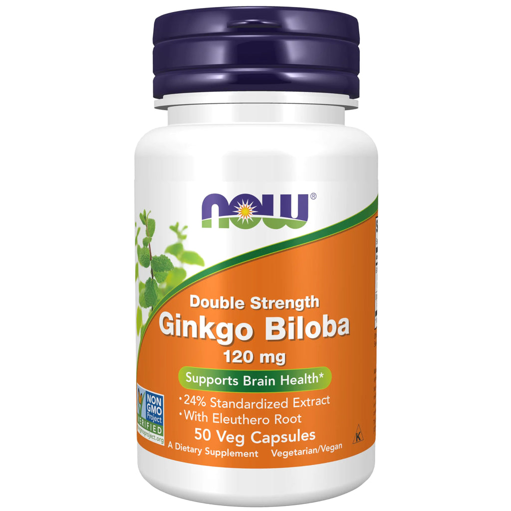 NOW Foods Supplements Ginkgo Biloba 120 mg Double Strength Non-GMO Project Verified 50 Veg Capsules