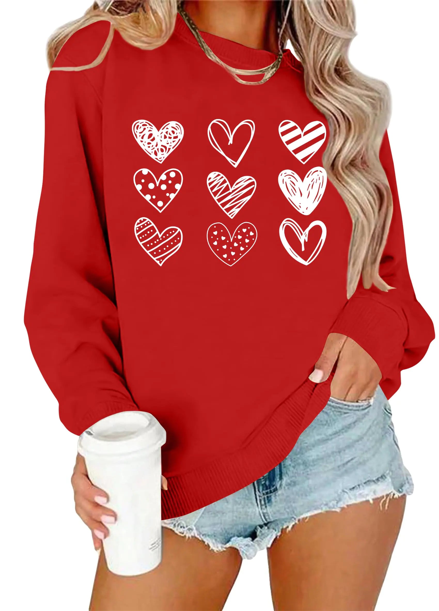 CAZYCHILD Valentines Day Sweatshirt for Women: Love Heart Graphic Long Sleeve Valentine Pullover Top Casual Valentines Gifts Red