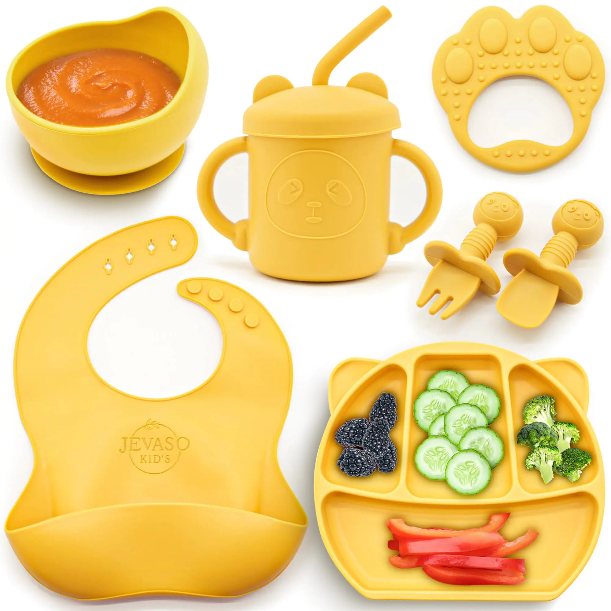 JEVASO Silicone Baby Feeding Set Baby Led Weaning Supplies Baby Self Feeding Essentials Suction Bowl Divided Plate Baby Bibs Spoons Forks Sippy Cup Teether Toddler Utensil Sets for Babies.