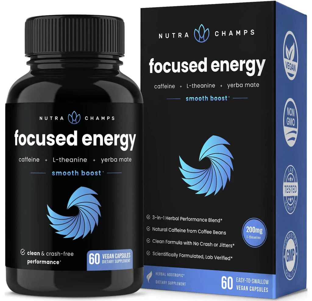 Caffeine Pills with L-Theanine for Focused Energy | Smooth & Clean Energy Supplement for Focus & Performance | No Crash No Jitters | Nootropic Brain Booster with Yerba Mate | 60 Vegan Energy Pills