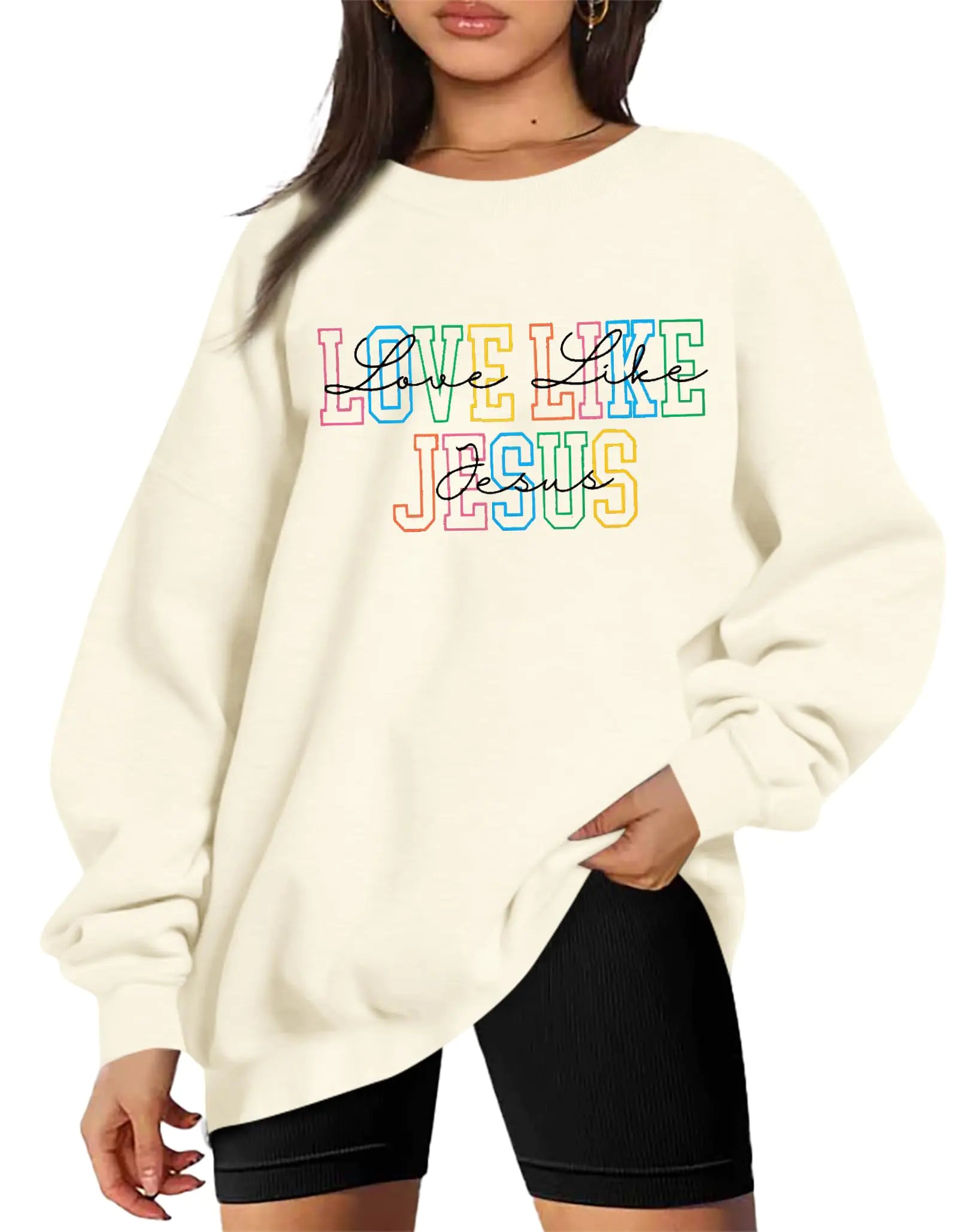 VILOVE Oversized Christian Sweatshirt For Women Faith Pullover Bible Verse Hoodie Christian Religious Long Sleeve Shirt Apricot