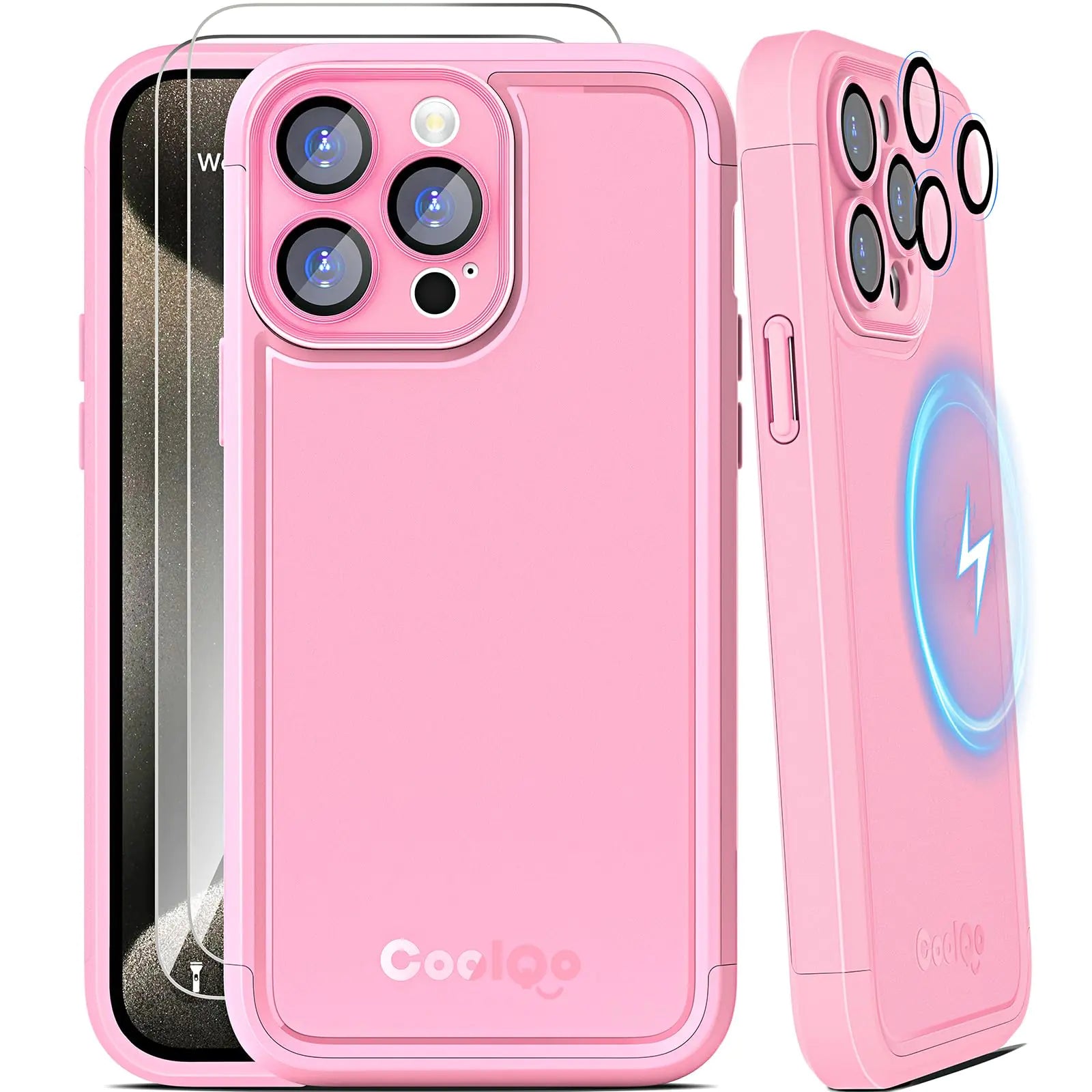 COOLQO Magnetic for iPhone 15 Pro Max Case 2X[Tempered Glass Screen Protector+Camera Lens Protectors] Shockproof Protective Phone Case for iPhone 15 Pro Max Pink