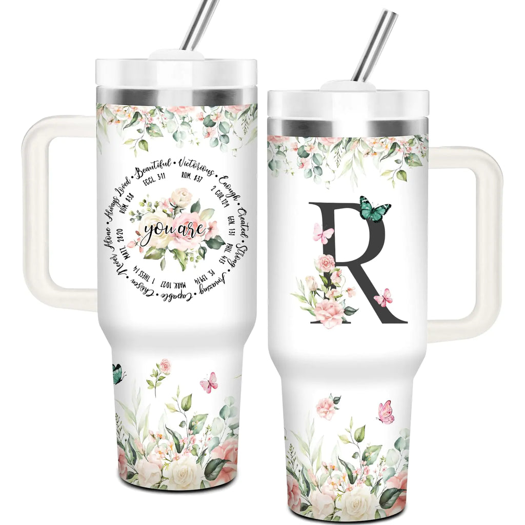 Christian Tumbler 40Oz with Handle and Straw for Women Personalized Initial R Tumbler