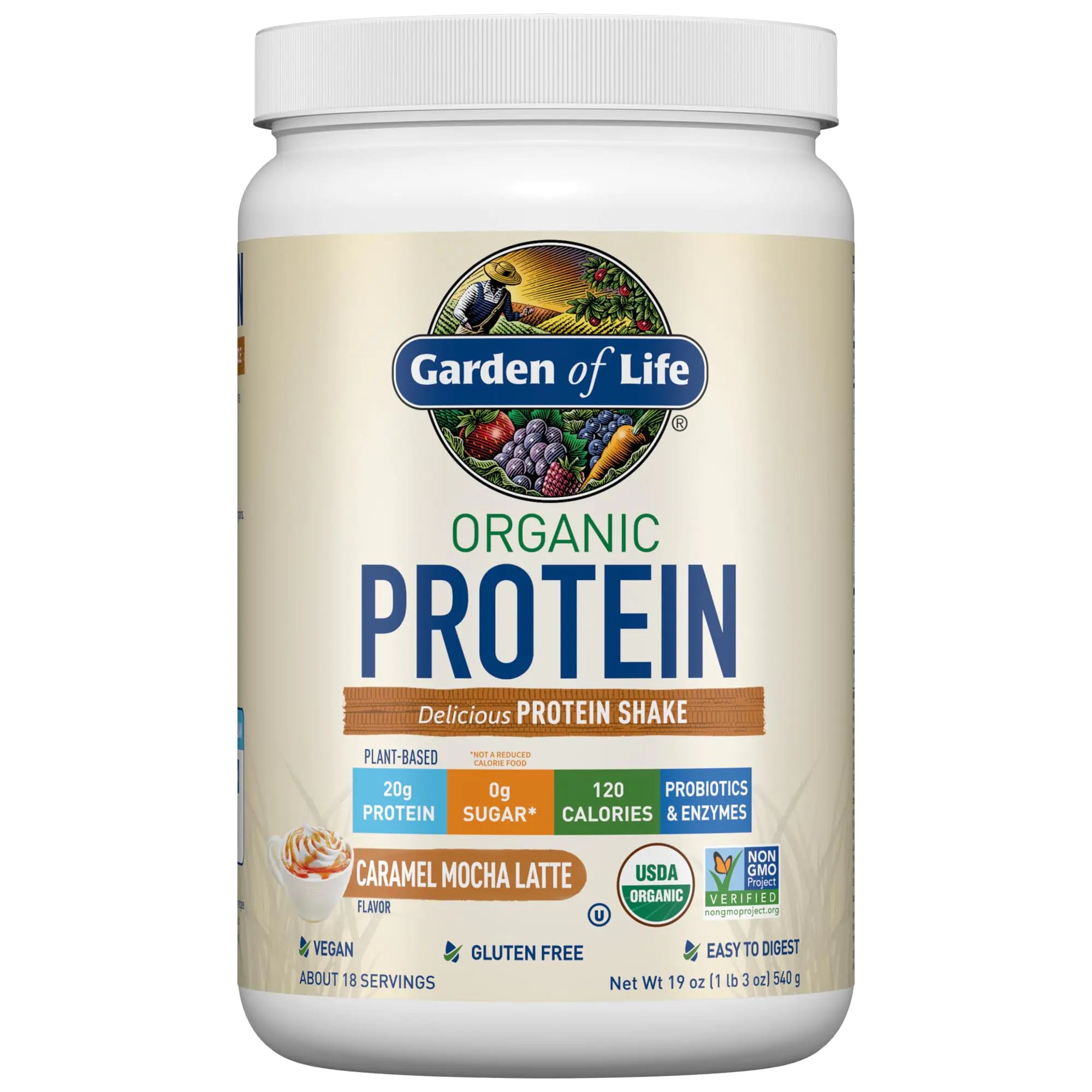Garden of Life Vegan Protein Powder a- Caramel Mocha Latte - 20g Plant Protein BCAAs Probiotics & Digestive Enzymes - Gluten-Free Non-GMO