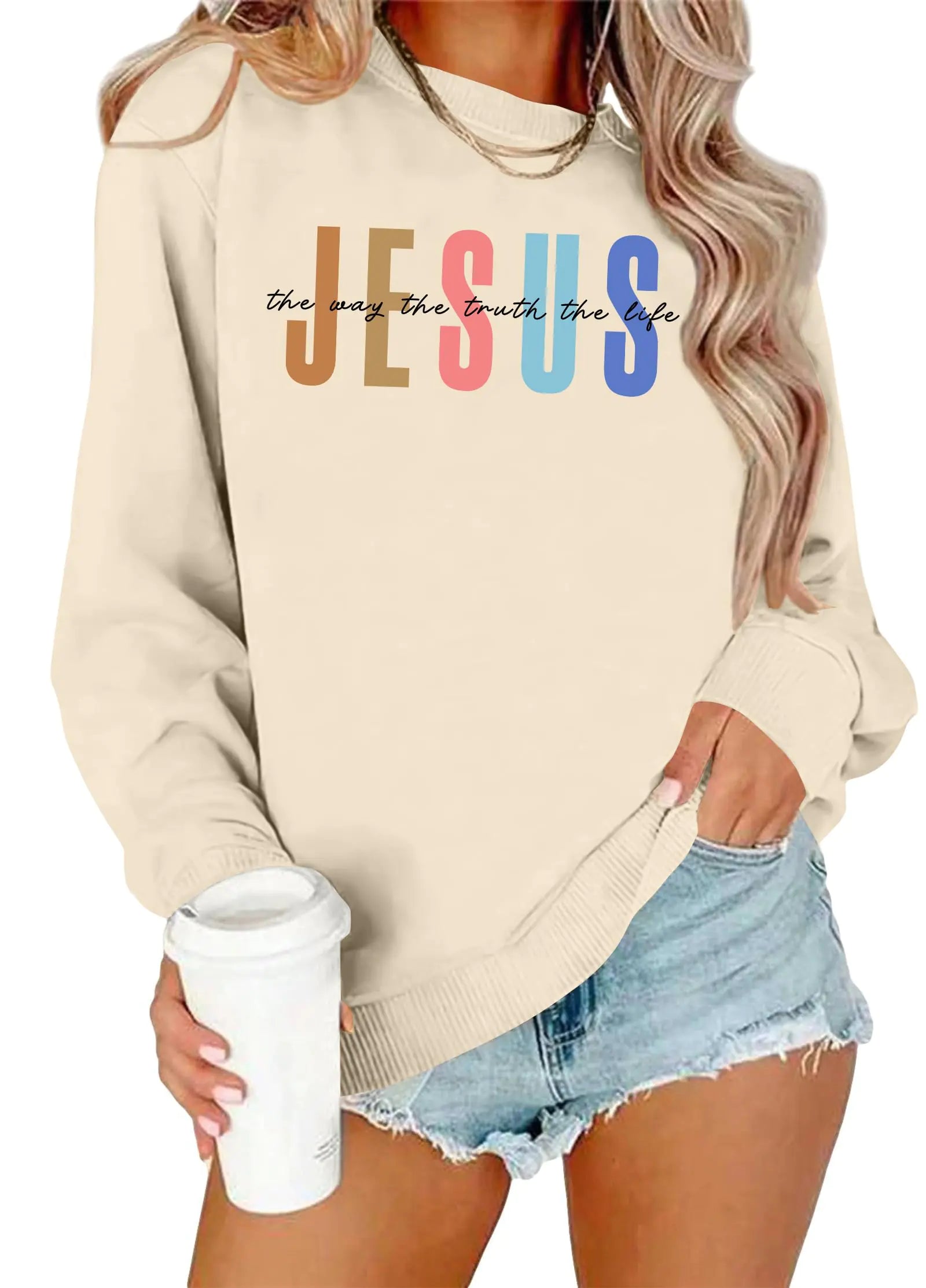 PICKID Jesus Sweatshirt Women Christian Sweatshirts Jesus Faith Sweater Bible Verse Top Religious Gift Pullover Top Beige