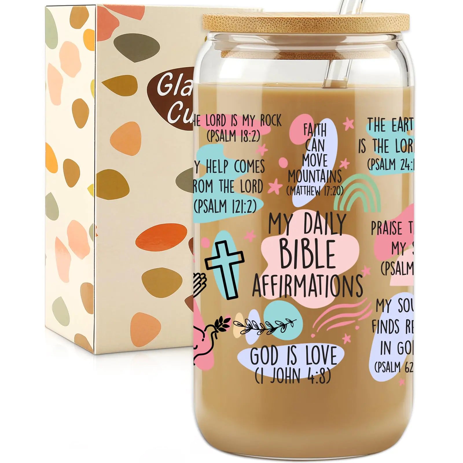 16oz Glass Coffee tumbler with straw lid and Christian affirmations